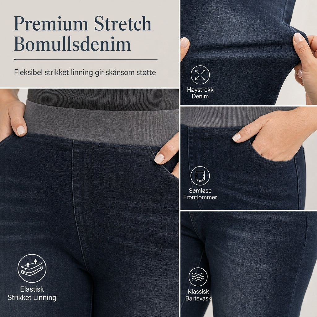 Mørkvaskede jeans for kvinner med høy midje, slim fit og bred elastisk linning, med trekk-på-design-3