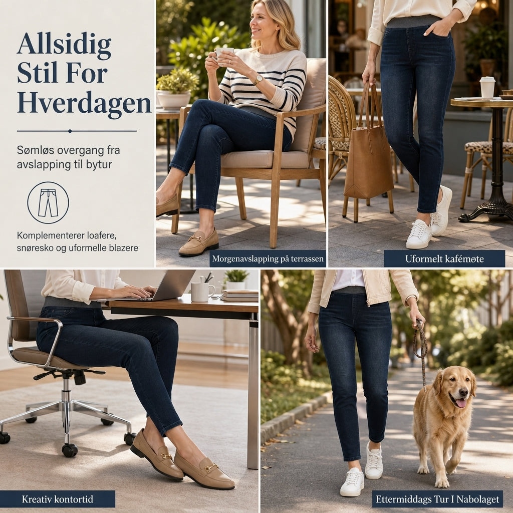 Mørkvaskede jeans for kvinner med høy midje, slim fit og bred elastisk linning, med trekk-på-design-5
