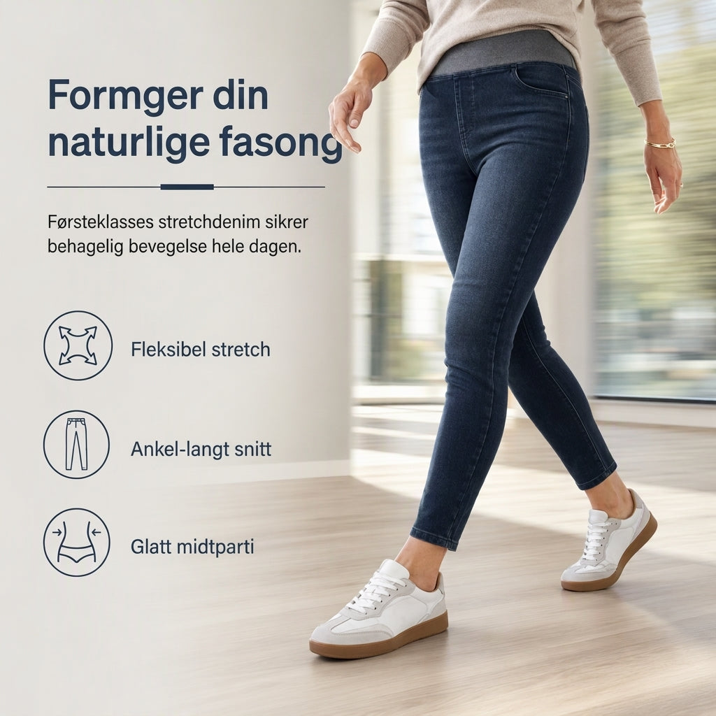 Mørkvaskede jeans for kvinner med høy midje, slim fit og bred elastisk linning, med trekk-på-design-4