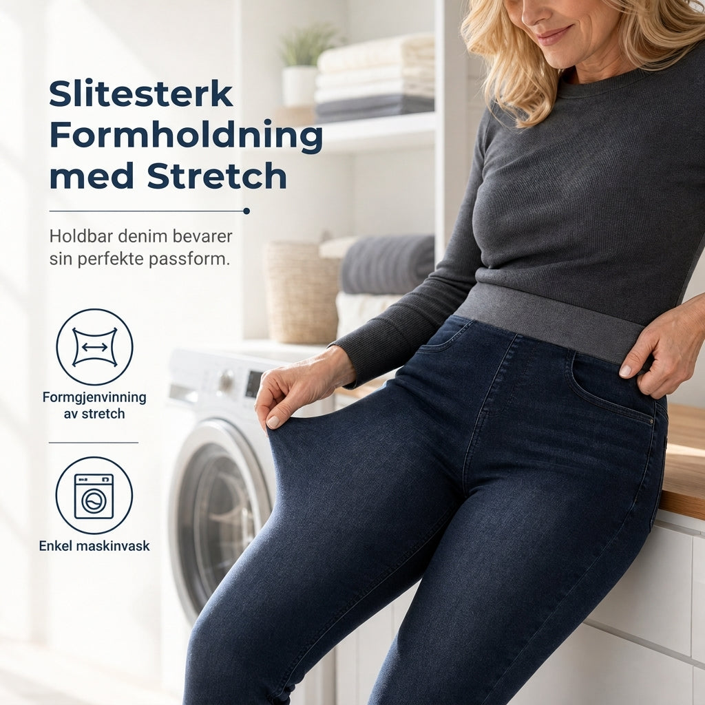 Mørkvaskede jeans for kvinner med høy midje, slim fit og bred elastisk linning, med trekk-på-design-6