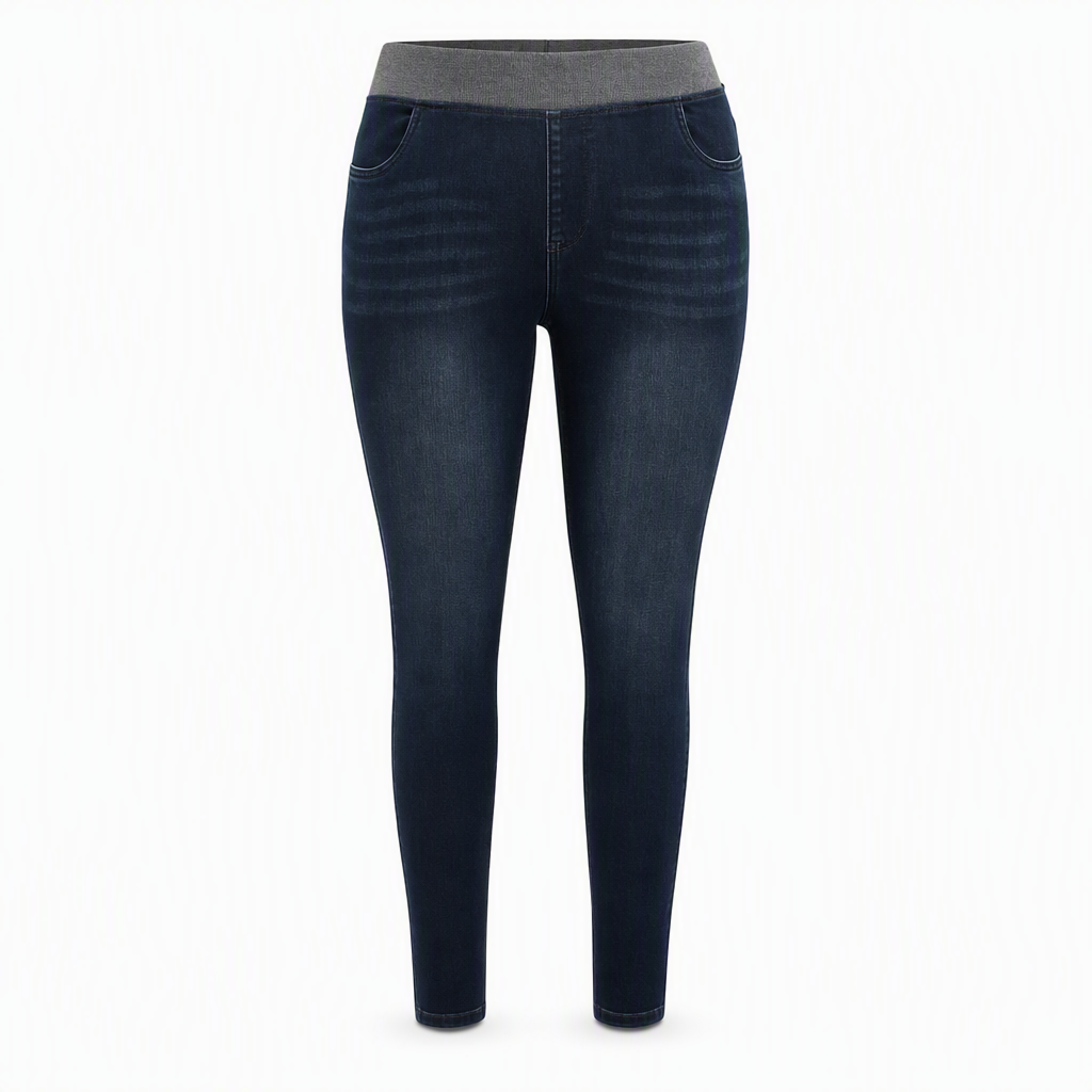 Mørkvaskede jeans for kvinner med høy midje, slim fit og bred elastisk linning, med trekk-på-design-8