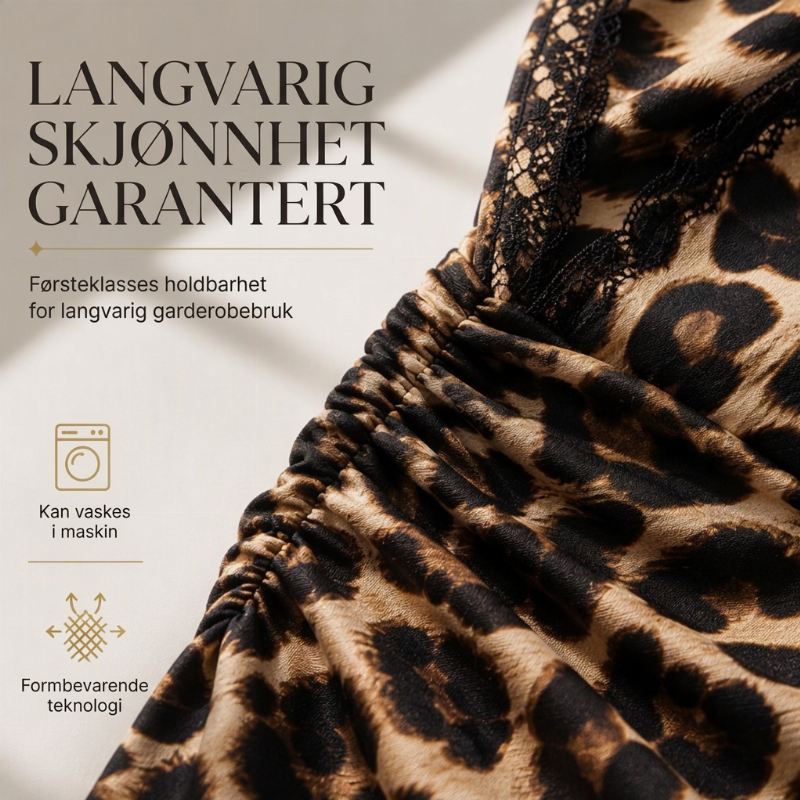 Kjole i midtlengde med blonder, leopardmønster, V-hals og lanterneærmer for kvinner-5