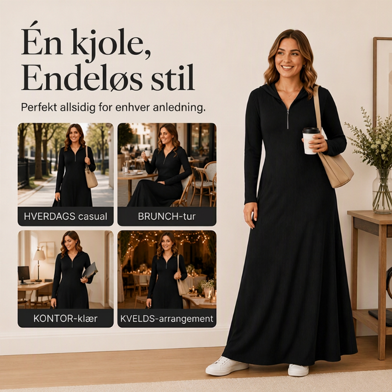 Maxikjole for kvinner i ribbestrikk med hette-3