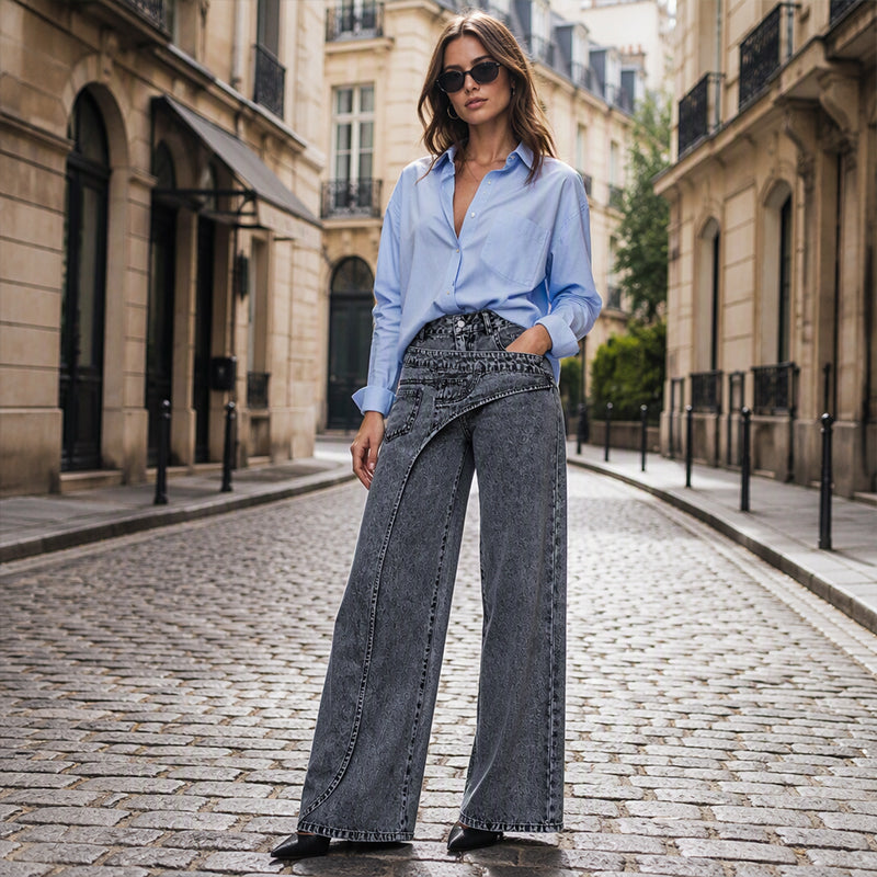 Trendy, asymmetriske bredbuksjeans for kvinner-6