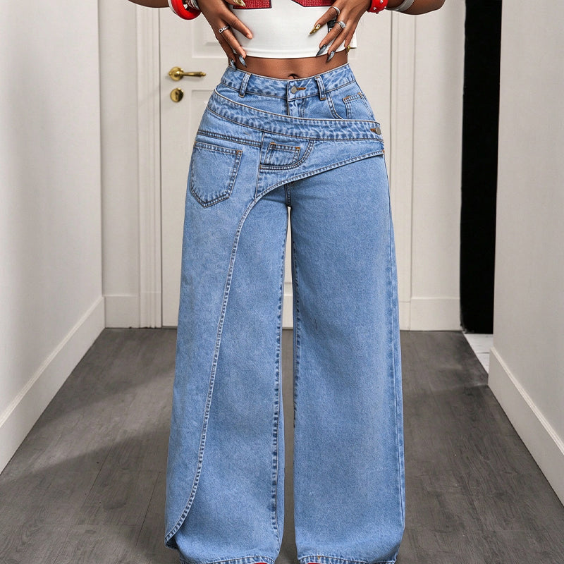 Trendy, asymmetriske bredbuksjeans for kvinner-11