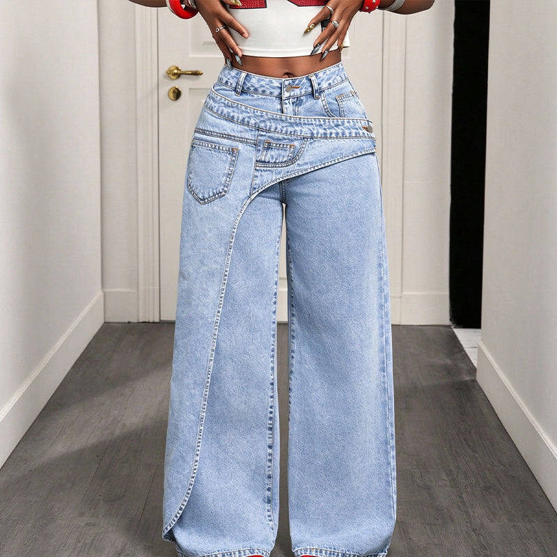 Trendy, asymmetriske bredbuksjeans for kvinner-10