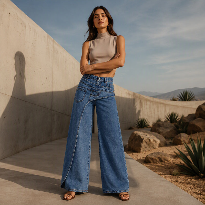 Trendy, asymmetriske bredbuksjeans for kvinner-8
