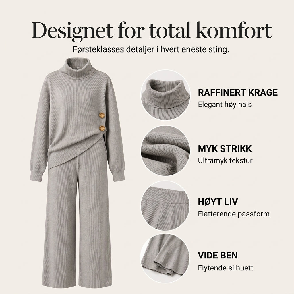Damesett med strikket turtleneck-genseren og vidbeinte bukser-1