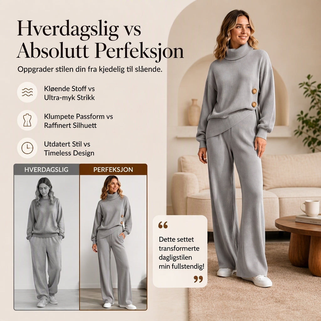 Damesett med strikket turtleneck-genseren og vidbeinte bukser-2