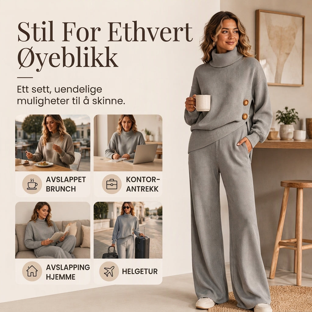 Damesett med strikket turtleneck-genseren og vidbeinte bukser-4