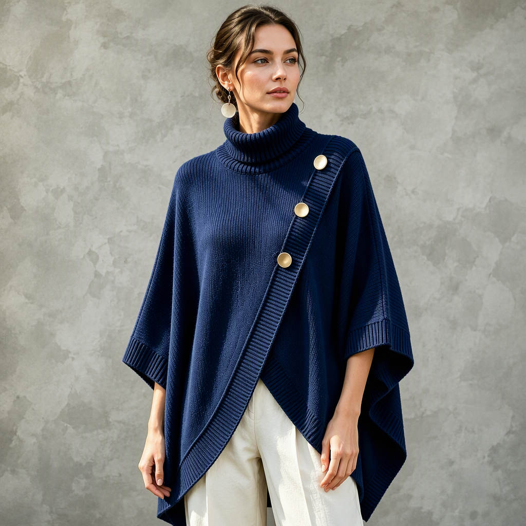 Asymmetrisk turtleneck poncho-strikkegenser for kvinner-7