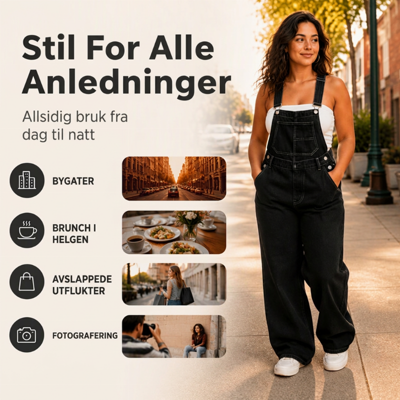 Bredbens overall i denim for kvinner med lommer-4