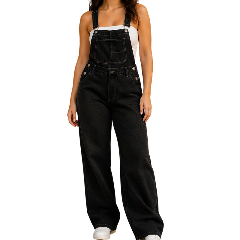 Bredbens overall i denim for kvinner med lommer-7