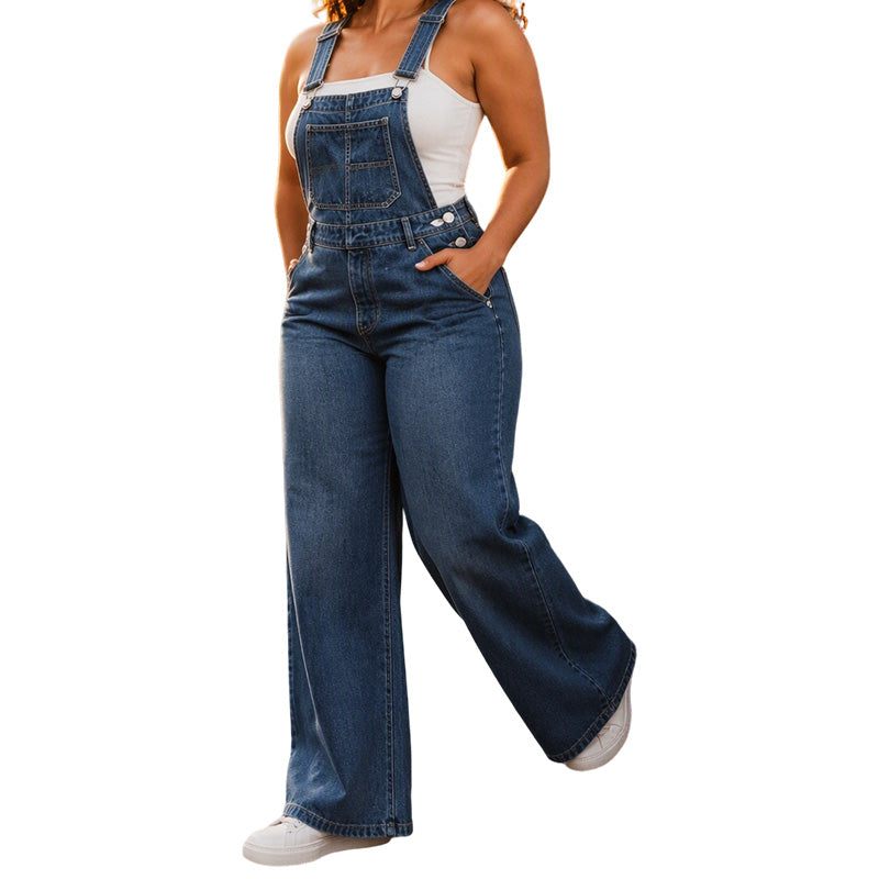 Bredbens overall i denim for kvinner med lommer-8