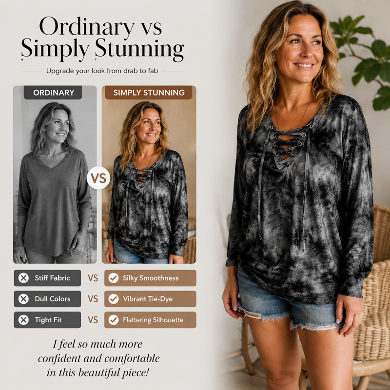 Dametopp med V-hals, snøring og tie-dye-mønster i blonder-3