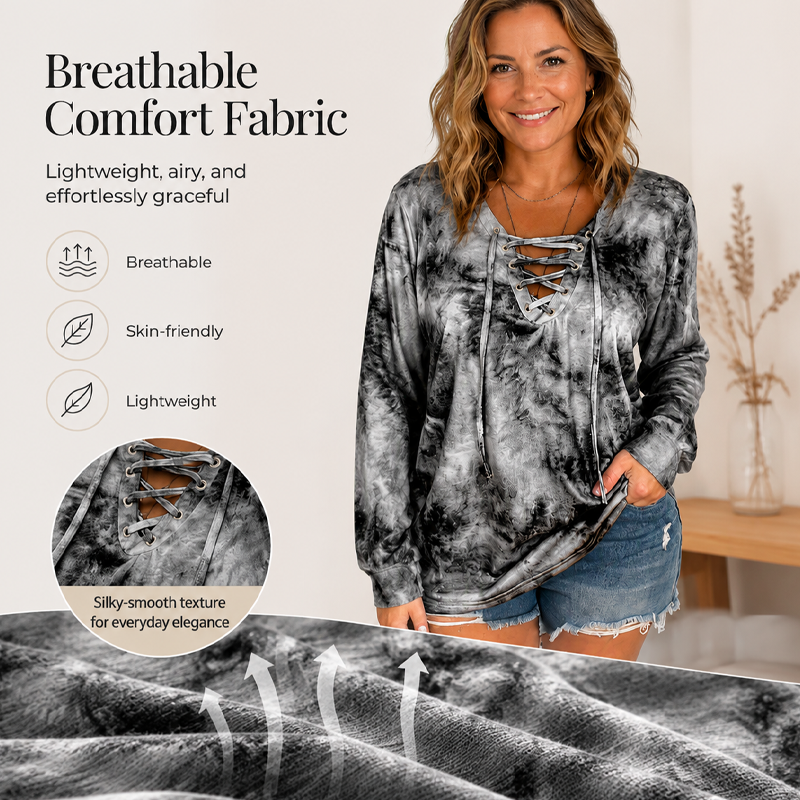 Dametopp med V-hals, snøring og tie-dye-mønster i blonder-4