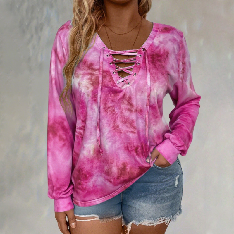Dametopp med V-hals, snøring og tie-dye-mønster i blonder-11