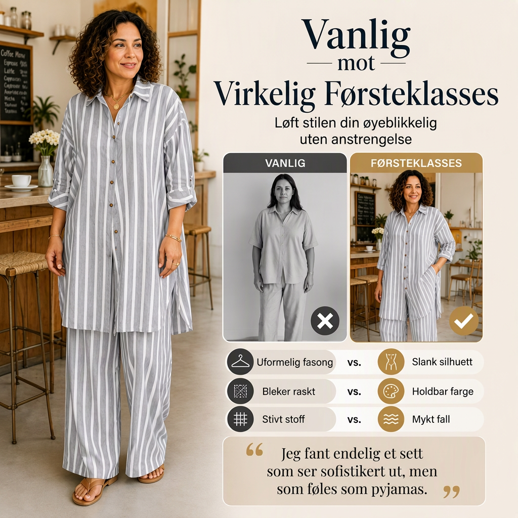 Langstripet damebluse med striper og buksett med vid ben-2