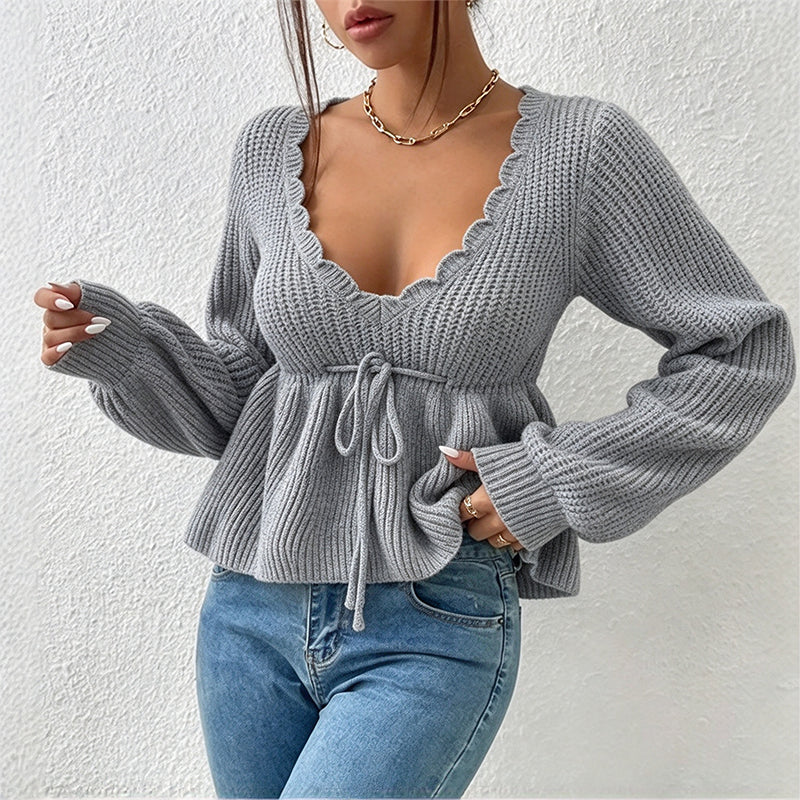 🔥50 % rabatt✨🧶 Sexy strikkegenser med V-utringning og snøring for kvinner | Myk strikk, feminin passform og justerbar snøring-8