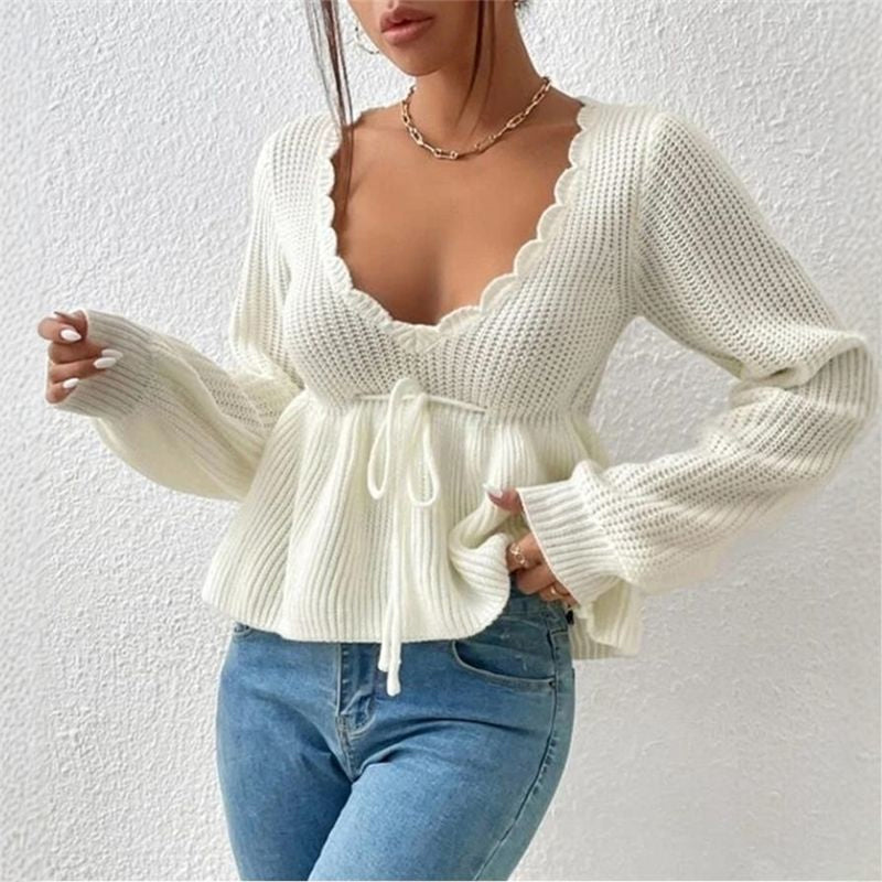 🔥50 % rabatt✨🧶 Sexy strikkegenser med V-utringning og snøring for kvinner | Myk strikk, feminin passform og justerbar snøring-9