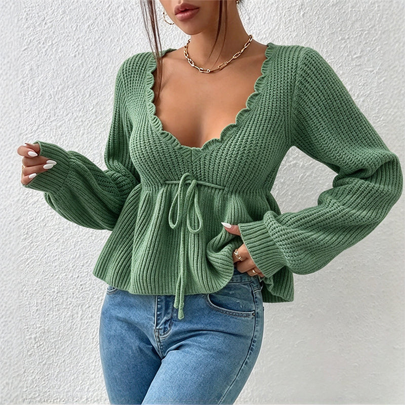 🔥50 % rabatt✨🧶 Sexy strikkegenser med V-utringning og snøring for kvinner | Myk strikk, feminin passform og justerbar snøring-12