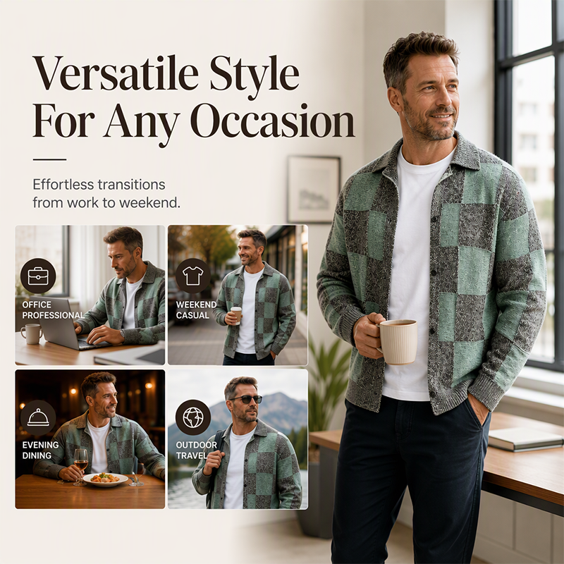 🍂Høst- og vintervarme, lag på lag eller bruk alene🧶 Herregenser med vintage sjakkbrettmønster – varm strikk, allsidig bruk ✨-4