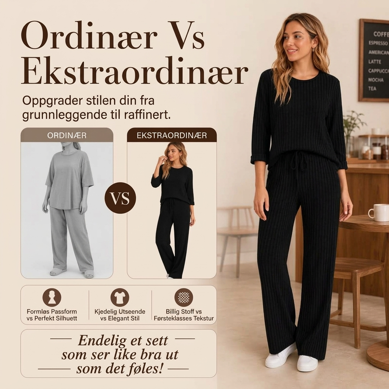 Ribbestrikket overdel og rette buksesett for kvinner-2