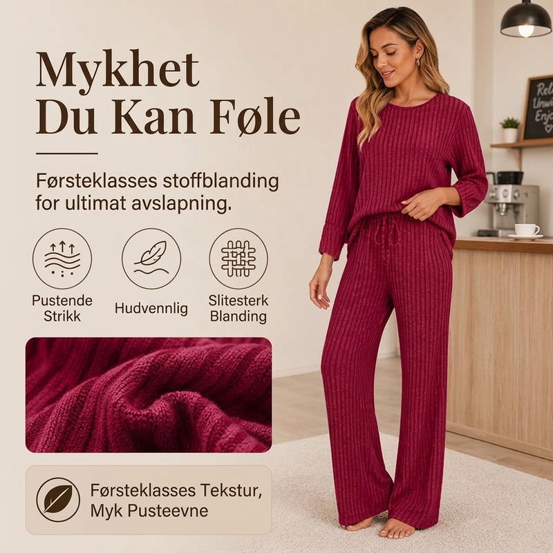 Ribbestrikket overdel og rette buksesett for kvinner-3