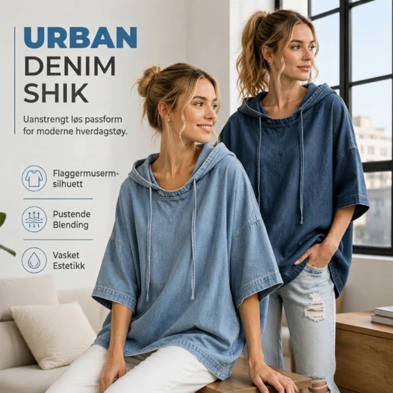 Avslappet, løstsittende denim-hettegenser for kvinner