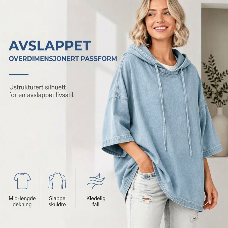 Avslappet, løstsittende denim-hettegenser for kvinner-2