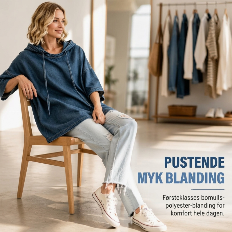 Avslappet, løstsittende denim-hettegenser for kvinner-3