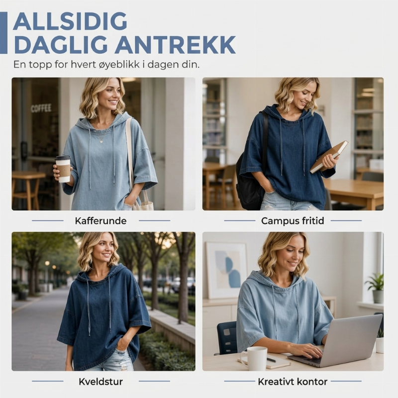 Avslappet, løstsittende denim-hettegenser for kvinner-4