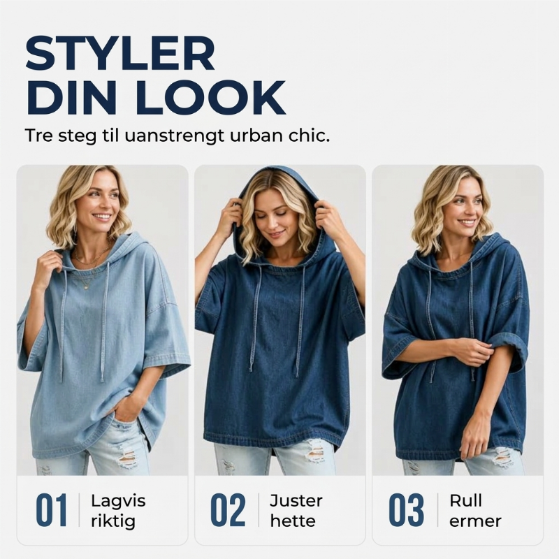 Avslappet, løstsittende denim-hettegenser for kvinner-5