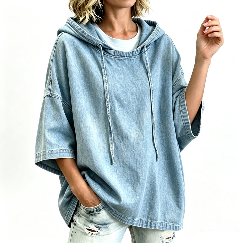 Avslappet, løstsittende denim-hettegenser for kvinner-9