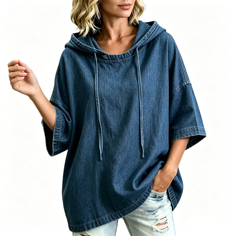 Avslappet, løstsittende denim-hettegenser for kvinner-10