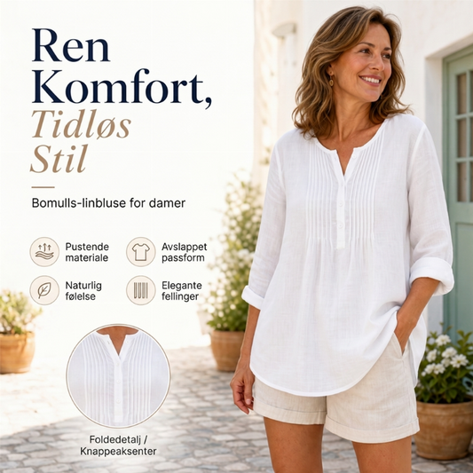 Bluse med lange ermer, folder og HENLEY-hals for damer