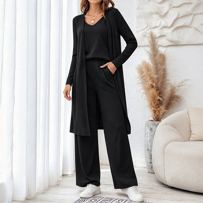 🔥50% RABATT 💕– Elegant 3-delt damesett med cardigan og bukser med vide ben