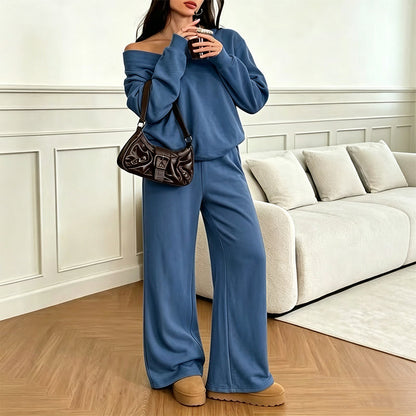 Women's off-shoulder sweatshirt & pants set – Mykt og avslappet antrekk ✨👚👖